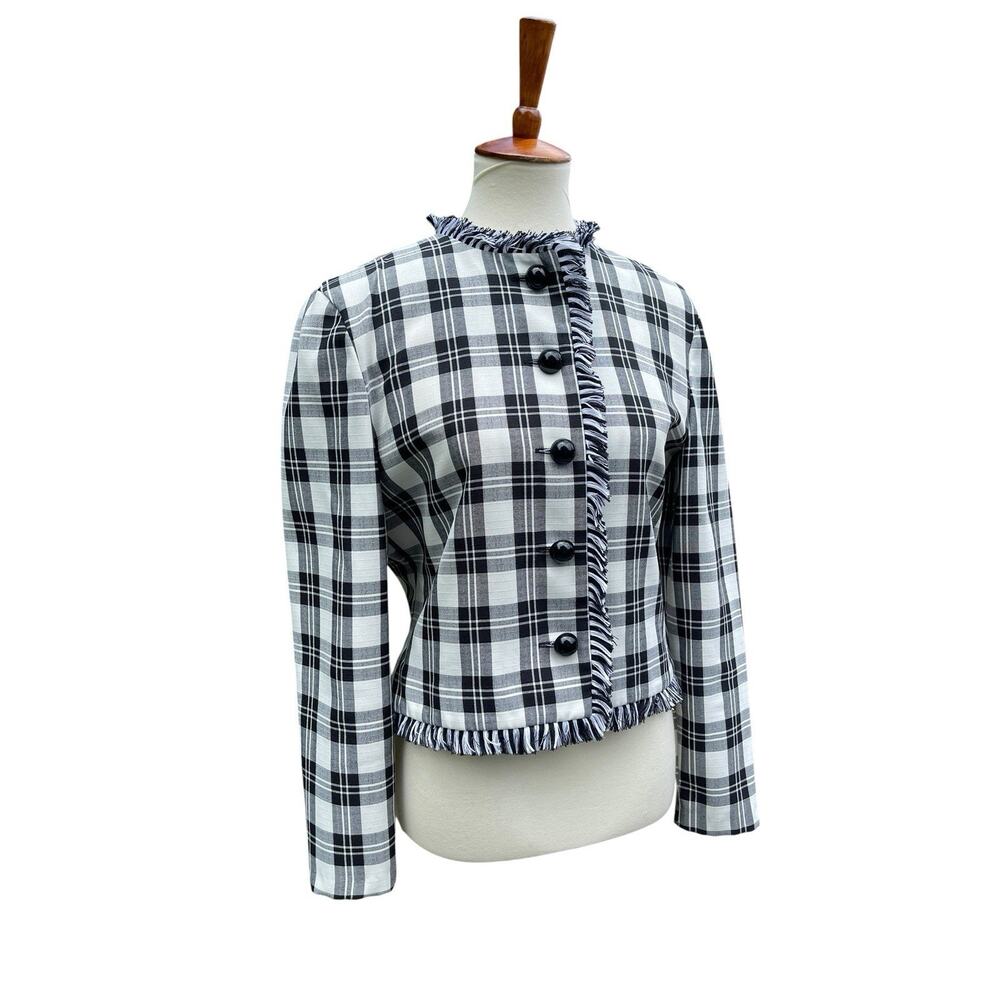 American Design Black & White Plaid Blazer Size 8 Crop Vintage Button Down - Picture 7 of 8